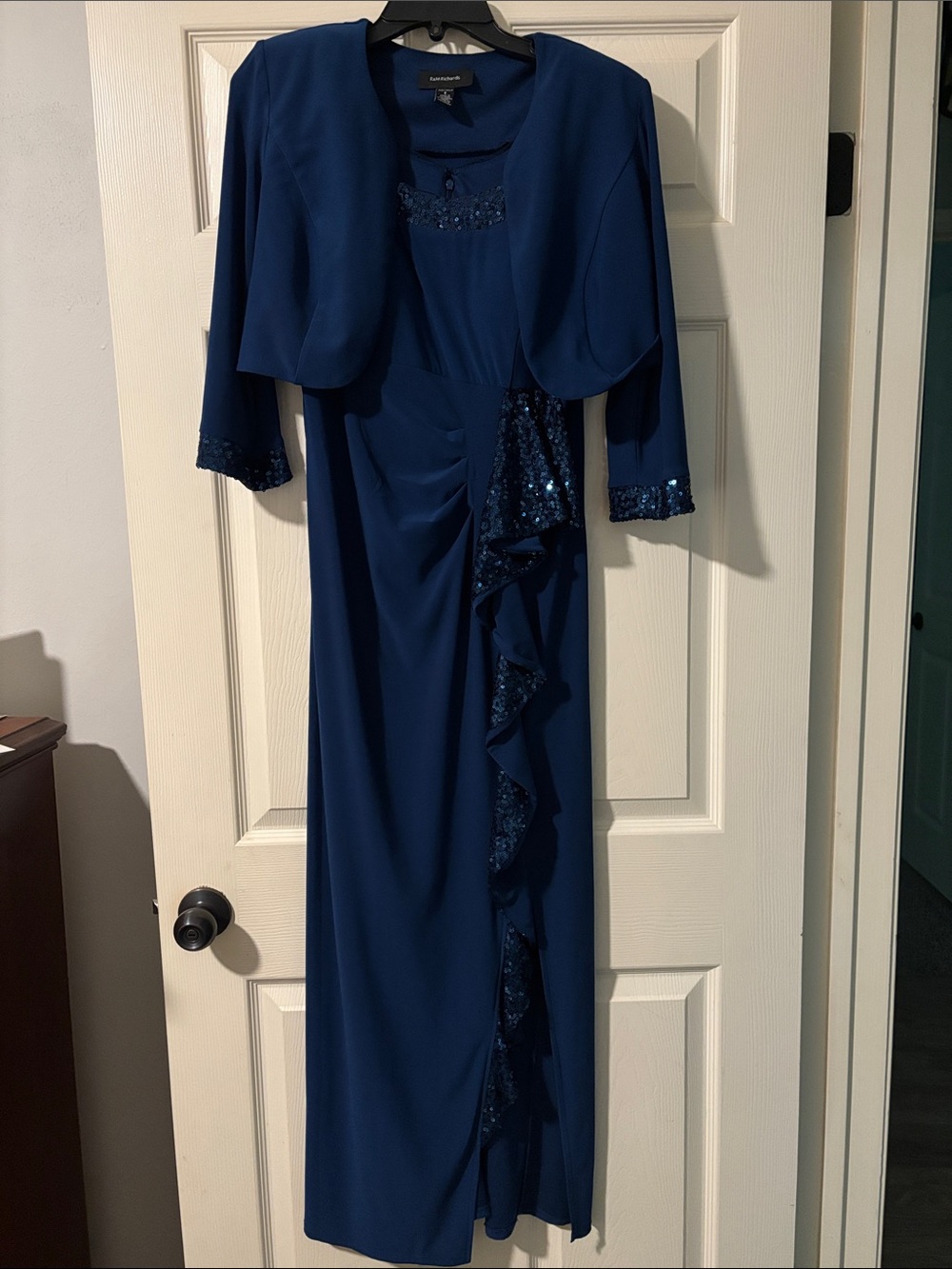 R & M Richards Navy Sequin-Trim Maxi Dress with Matching Bolero
